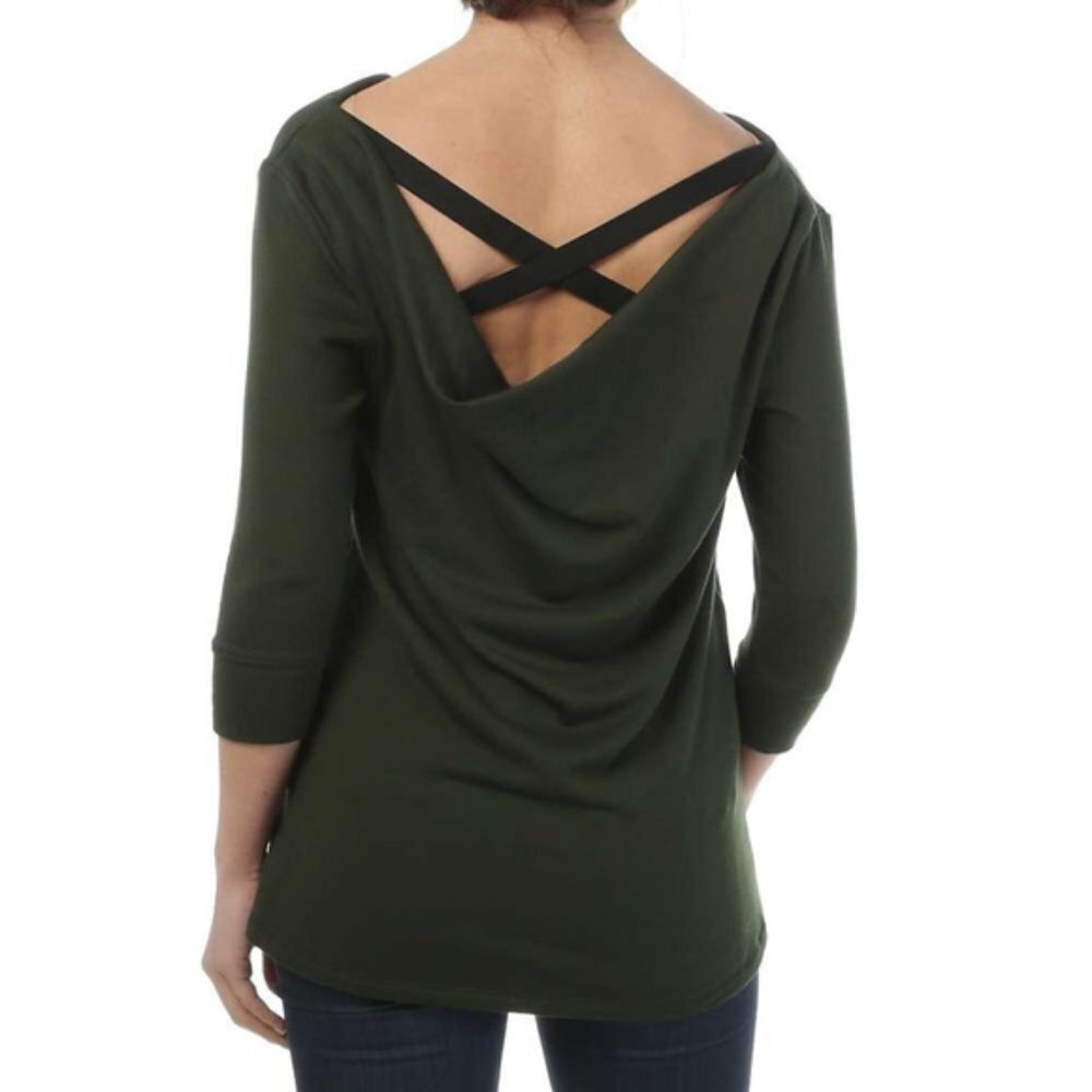 Beyond Yoga Crossed X Cowl Cozy Fleece Back Pullover Sweatshirt Forest Green XS